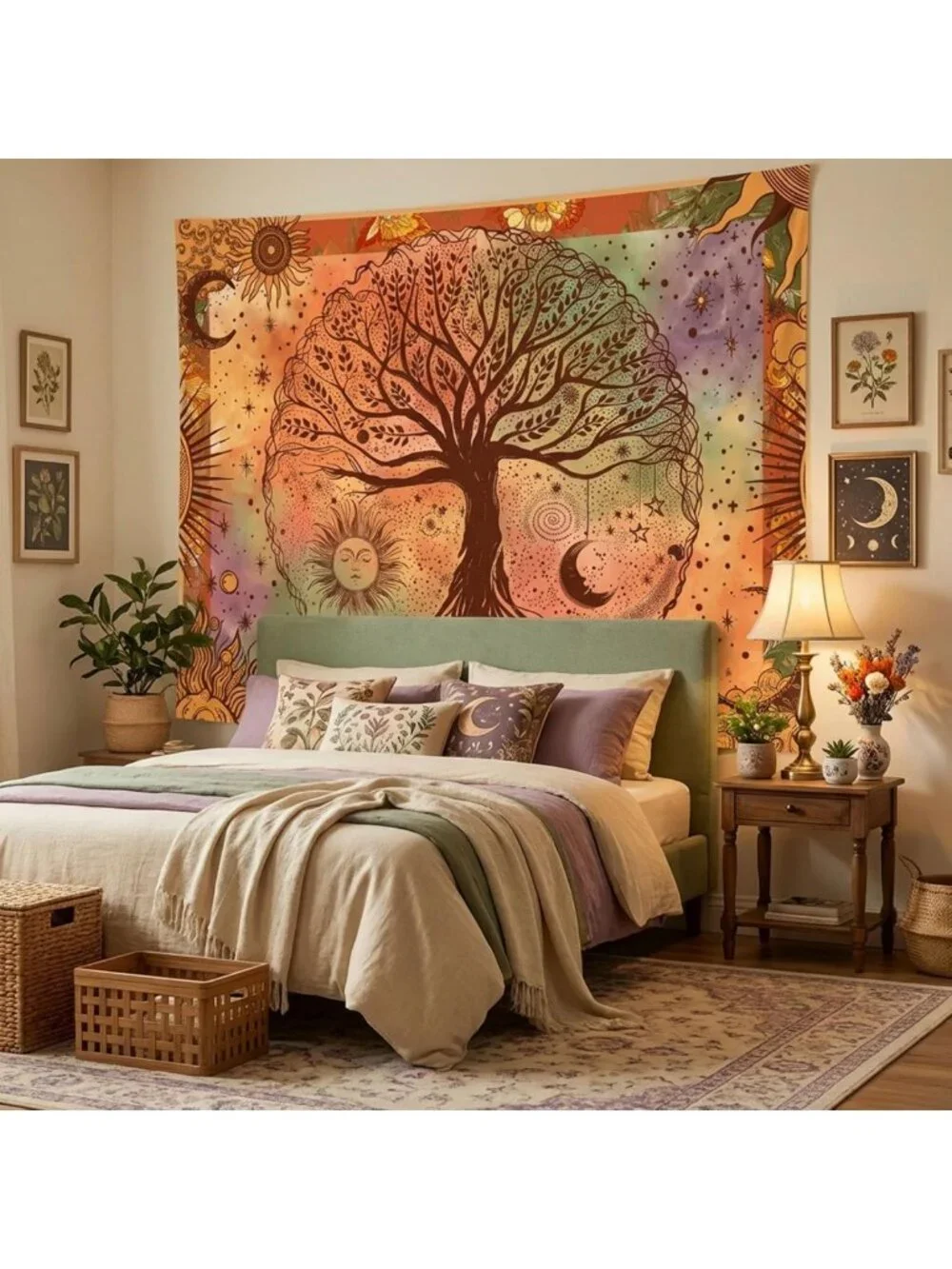 Boho Orange Tree of Life Tapestry - Sun Moon Stars Aesthetic Home Decor, 60x80